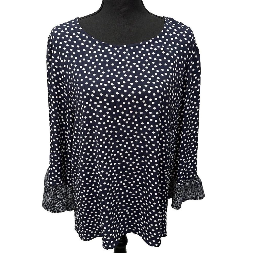 Bobeau Blouse Women's Size Large Navy Blue White Polka Dots Ruffled Sleeves